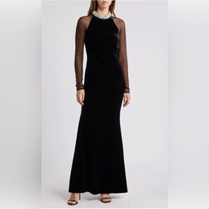 NWT ELIZA J Pearl Embellished Ruched Long Sheer Sleeve Velvet Gown $248 Size 6